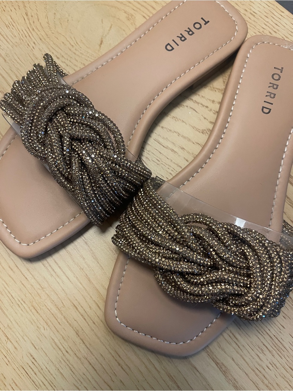torrid Bronze Rhinestone Knot Slide Sandals